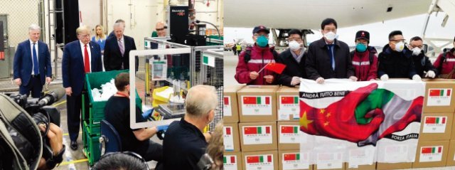 도널드 트럼프 미국 대통령이 애리조나주 하니웰 마스크 공장을 방문해 마스크 제조 과정을 살피고 있다(왼쪽). 중국 정부가 이탈리아를 지원하기 위해 파견한 의료진과 의료용품들. [트위터]