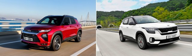 온·오프로드를 가리지 않는 4WD 시스템과 다양한 편의사양을 갖춰 인기를 얻고 있는 쉐보레 트레일블레이저, 동급 최고 수준의 첨단 안전 사양이 강점인 기아차 셀토스. 사진제공｜쉐보레·기아차