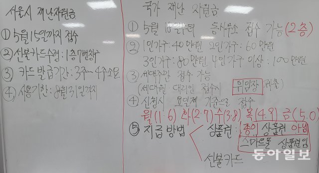 정부의 긴급재난지원금 방문 접수 첫날인 18일 서울 노원구 한 주민센터에 안내문이 붙어있다.