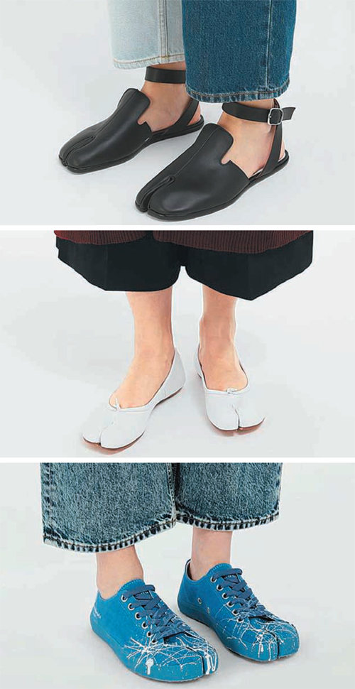 ‘스플릿 토’ 형태의 이른바 ‘족발 신발’은 전위적인 모양 때문에 패셔니스타들을 중심으로 인기를 끌고 있다. 특히 연예인들이 즐겨 신는다. 플랫슈즈, 스니커즈 등 종류가 다양하다. 메종 마르지엘라 제공