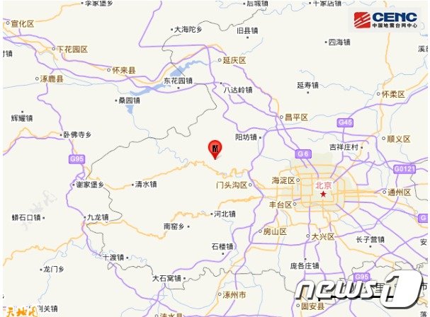 26일 중국 수도 베이징에서 규모 3.6의 지진이 발생했다(출처=중국지진대망) © 뉴스1