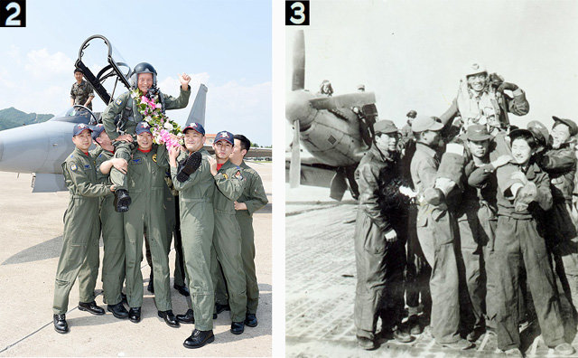[2]김 전 총장이 2015년 6월 88세로 전투기를 탄 뒤 후배 조종사들의 축하를 받는 장면. [3]한국군 최초로 전투기 100회 출격 기록을 세웠던 1952년 1월 당시를 재현한 것이다. 공군 제공