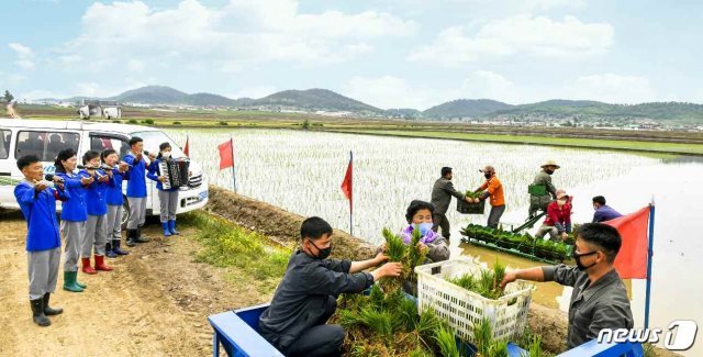 (평양 노동신문=뉴스1) = 북한 강남군 영진협동농장 농장원들이 힘찬 경제선동에 고무되어 모내기를 다그치고 있다고 노동당 기관지 노동신문이 30일 1면에 보도했다. [국내에서만 사용가능. 재배포 금지. DB 금지. For Use Only in the Republic of Korea. Redistribution Prohibited] rodongphoto@news1.kr