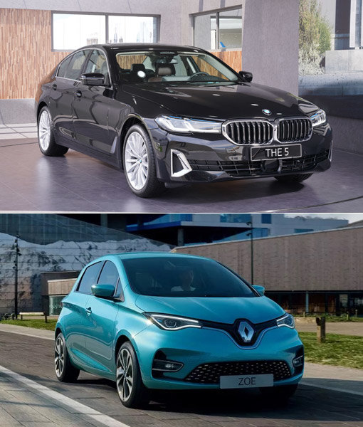 더욱 정교하게 다듬어진 스포티한 외관이 돋보이는 BMW 뉴 5시리즈 7세대 부분 변경 모델(위쪽 사진), 뛰어난 실용성을 갖춘 르노의 소형 전기차 조에. 사진제공｜BMW코리아·르노삼성