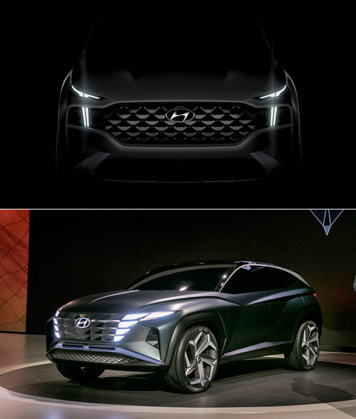 더 웅장해진 전면부가 시선을 사로잡는 4세대 싼타페 부분변경 모델(위쪽 사진), 현대 비전 T. 사진제공｜현대차