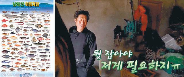 국립수산과학원이 제작한 남해안 어류자원도 포스터(왼쪽). tvN 예능 프로그램 ‘삼시세끼’ 어촌편5에서 낚시에 실패한 배우 유해진은 이 포스터를 보며 자조 섞인 웃음을 짓는다. 국립수산과학원·tvN 제공