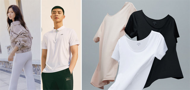 왼쪽 사진부터 안다르 ‘서머 에센셜 컬렉션’, K2 ‘오싹’ 폴로 티셔츠,  무신사 ‘쿨탠다드’ 티셔츠. 각 사 제공