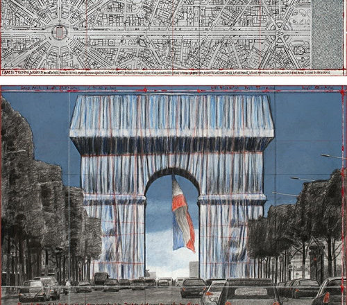 ‘크리스토와 잔클로드’는 작품과 관계된 수많은 주체 와 협의하는 과정도 예술로 보았다. 내년 9월 공개될 유작 ‘개선문 포장’도 1962년 처음 구상했다. 파리 에펠탑 프로젝트는 실현되지 못한 채 남았다. Wolfgang Volz/ⓒChristo and Jeanne-Claude
