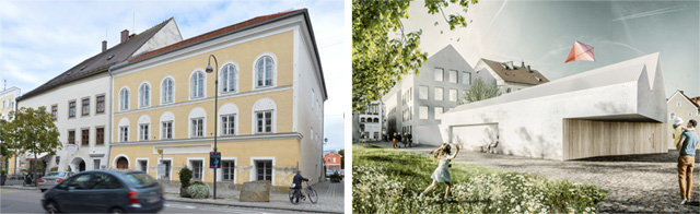 오스트리아 북부 브라우나우암인에 위치한 히틀러 생가의 현재 모습(왼쪽 사진)과 2023년 경찰서로 개축될 모습. 2일 오스트리아 정부가 공개했다. 브라우나우암인=AP 뉴시스