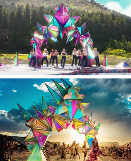 트와이스의 신곡 ‘모어 앤드 모어’ 뮤직비디오 장면(위 사진)과 설치미술가 데이비스 매카티의 설치 작품 ‘펄스 포털’. 유튜브 캡처