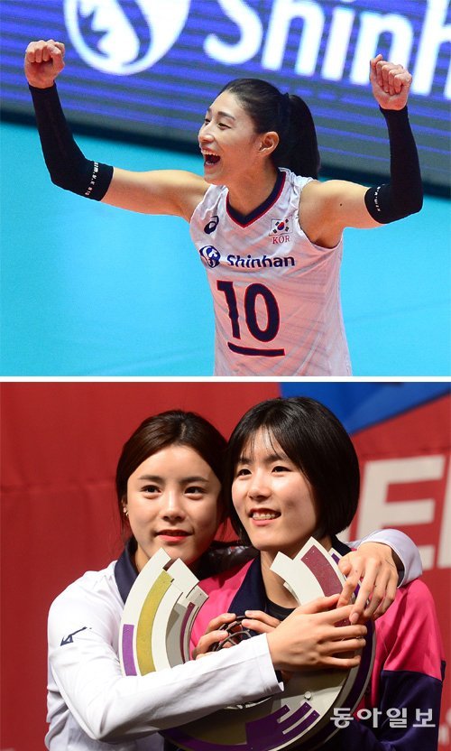 새 시즌 프로배구 흥국생명에서 한솥밥을 먹게 된 김연경(위 사진)과 쌍둥이 이재영(아래쪽 사진 오른쪽) 이다영 자매. 세 선수는 올 1월 열린 도쿄 올림픽 아시아 예선에서 주전으로 뛰었다. FIVB 제공·동아일보DB