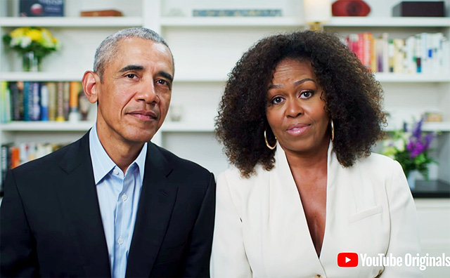 코로나19 확산으로 졸업식을 하지 못한 학생들을 위해 유튜브로 위로와 격려 인사를 전한 버락 오바마 전 미국 대통령과 미셸 오바마 여사. 유튜브 캡처