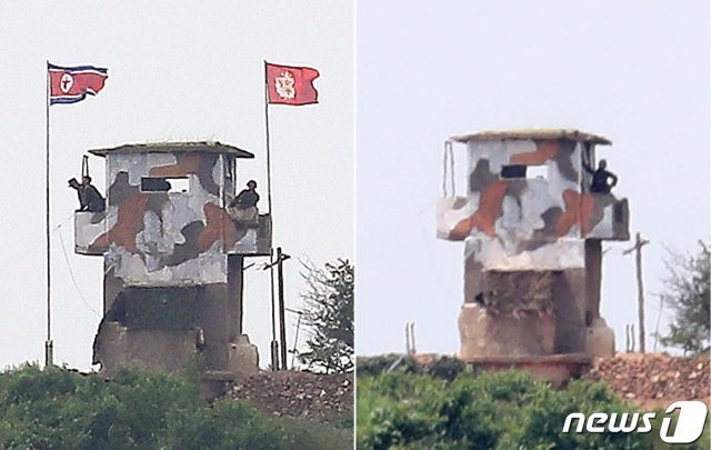 한반도 긴장이 연일 고조되는 가운데 14일 오후 경기도 파주시 접경지역에서 바라본 북한군 초소에 인공기와 최고사령관기가 걸려있지 않다(오른쪽 사진). 왼쪽 사진은 지난 9일 같은 초소에 깃발이 걸려있는 사진. 김여정 북한 노동당 제1부부장은 지난 13일 오후 담화를 통해 “우리는 곧 다음 단계의 행동을 취할 것이다. 다음 번 대적 행동의 행사권은 우리 군대 총참모부에 넘겨주려고 한다“며 군사 위협까지 불사했다. 2020.6.15/뉴스1 © News1