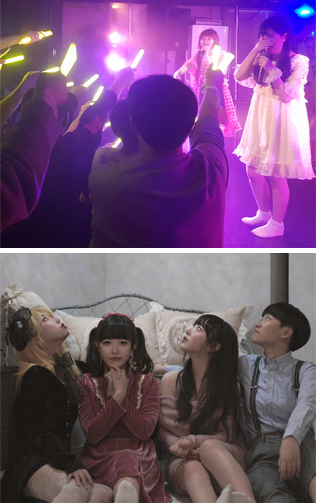 지난해 12월 서울 마포구 ‘신촌긱라이브하우스’에서 열린 한국 지하 아이돌 공연(위 사진)과 올해 데뷔한 한국 지하 아이돌 ‘소공녀 프로젝트’. 토와매니지먼트 제공