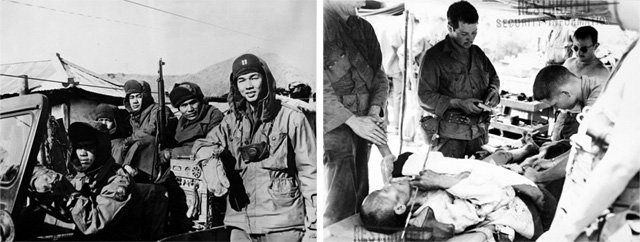 ·25전쟁 중인 1951년 필리핀군이 도로를 순찰하는 모습(왼쪽 사진)과 한국인을 치료하는 미군 병사를 담은 1950년 8월 3일 사진. 국사편찬위원회 제공