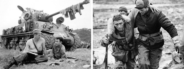 1950년 8월 15일 탱크의 포대에 널어놓은 빨래가 마르기를 기다리는 미군 병사(왼쪽 사진)와 1951년 2월 23일 부축을 받는 캐나다군 병사.