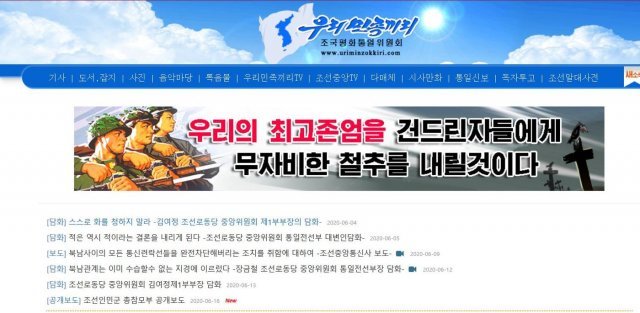 북한 대외 선전매체 ‘우리민족끼리’ 홈페이지에 게재됐던 총칼을 든 북한 군인이 그려진 선전화. 24일 현재는 사라졌다. /2020.6.16(‘우리민족끼리’ 갈무리)©뉴스1