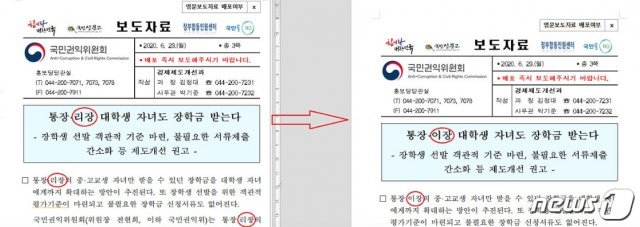 국민권익위는 ‘리장(里長)’이 북한식 표기법이라는 조수진 미래통합당 의원 지적 뒤 ‘이장’으로 수정했다. 페이스북 갈무리 © 뉴스1