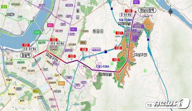 하남~송파 간 도시철도 (지상+지하)트램 노선도(3안). 국토부 제공. /뉴스1