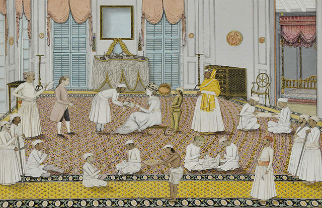 인도 작가의 그림 ‘살림을 감독하는 임피 부인’(1780년). 임피 부인의 남편은 캘커타 대법원 최초의 대법관으로 파견됐다. 문학동네 제공