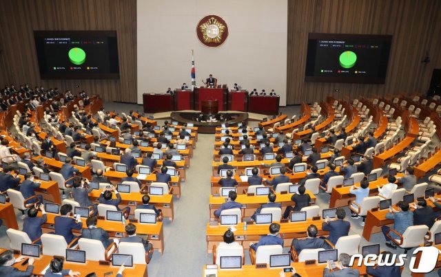 3일 오후 서울 여의도 국회에서 열린 제379회국회(임시회) 제7차 본회의에서 2020년도 제3회 추가경정예산안이 재적 300인, 재석 187인, 찬성 179인, 반대 1인, 기권 7인으로 통과되고 있다. 코로나19 대응 3차 추경안을 처리하는 이번 본회의에 미래통합당 의원들은 불참했다. 2020.7.3/뉴스1 © News1