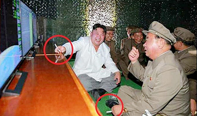 북한 ‘노동신문’은 2016년 8월 잠수함발사탄도미사일 시험 발사 성공 소식을 전하며 김정은과 리병철 군수공업부 제1부부장이 맞담배를 피우는 사진을 공개했다. 사진 출처 노동신문