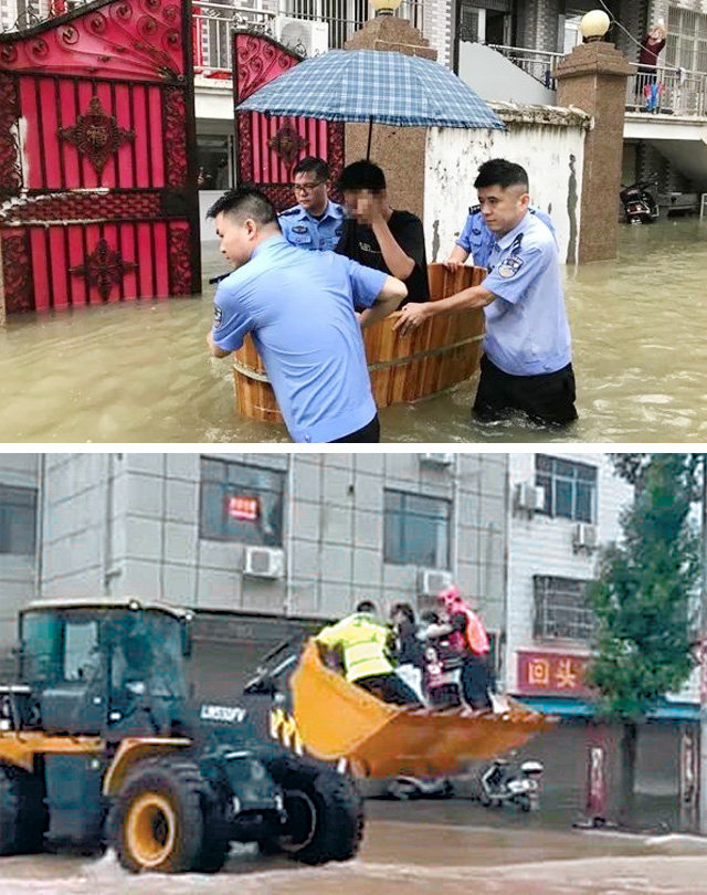 8일 중국 안후이성의 한 마을이 폭우로 잠기자 대입 수험생을 나무 욕조통에 실어 이동시키고 있다(위 사진). 같은 날 후베이성 황강에서는 수험생을 대형 중장비 ‘로더’에 실어 날랐다. 바이두 캡처