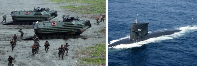 대만 해병대가 상륙 훈련을 실시하고 있다(왼쪽). 대만 해군이 보유한 노후 잠수함이 수면에서 항해하고 있다. [자유시보, CNA]