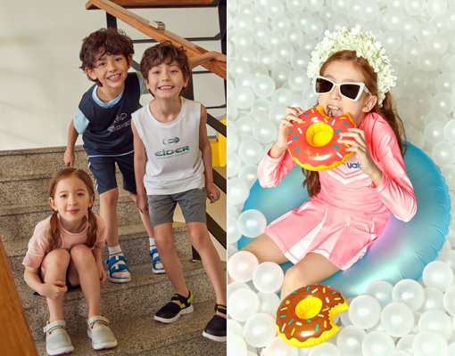 아이더 ‘키즈 프랑코 세트’ 제품을 입은 어린이 모델들(왼쪽), 블랙야크키즈 ‘뷰티풀 썸머 컬렉션’. 사진제공｜아이더·블랙야크키즈