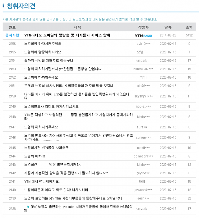 사진=YTN라디오 ‘노영희의 출발! 새아침’ 청취자의견 게시판 갈무리