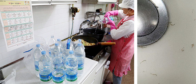 수돗물서 나온 유충… 생수로 급식 조리 인천 부평구 갈산동의 한 아파트 수돗물에서 발견된 벌레 유충의 모습(오른쪽 사진). 인천 서구, 부평구 지역 수돗물에서 잇달아 벌레 유충이 발견되자 시민들은 먹고 씻는 데 생수를 사용하고 있다. 인천=뉴시스
