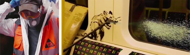 뱅크시가 14일 영국 런던 지하철에서 그라피티 작업을 하는 자신의 모습이 담긴 동영상을 인스타그램에 공개했다. 청소부 차림으로 등장한 뱅크시(왼쪽 사진)는 쥐가 재채기하고 비말을 흩뿌리는 모습 등 지하철 벽면 곳곳에 쥐 그림을 그렸다. 뱅크시 인스타그램 캡처