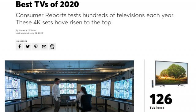 미국 유력 소비자전문지 컨슈머리포트(CR)가 최근 발표한 ‘2020년 최고의 TV’ 평가(사진=컨슈머리포트 홈페이지) © 뉴스1