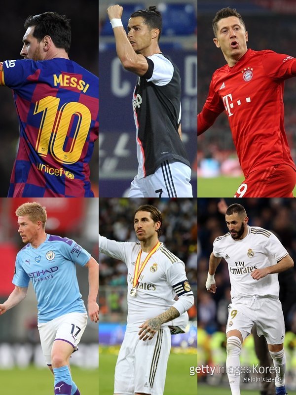 왼쪽 상단부터 시계방향으로 리오넬 메시(FC바르셀로나), 크리스티아누 호날두(유벤투스FC), 로베르트 레반도프스키(FC바이에른 뮌헨), 카림 벤제마(레알 마드리드), 세르히오 라모스(레알 마드리드), 케빈 더 브라위너(맨체스터 시티FC). 사진출처 | (GettyImages)/코리아