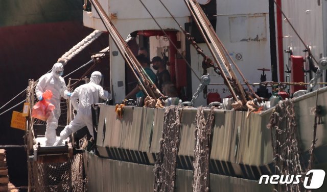 23일 오후 부산 감천항에 정박한 러시아 국적 냉동화물선에서 코로나19 양성 판정을 받은 선원들이 부산의료원으로 이송되고 있다. 이 화물선 선원 21명 중 16명이 코로나19 양성판정을 받았다. 2020.6.23/뉴스1 © News1