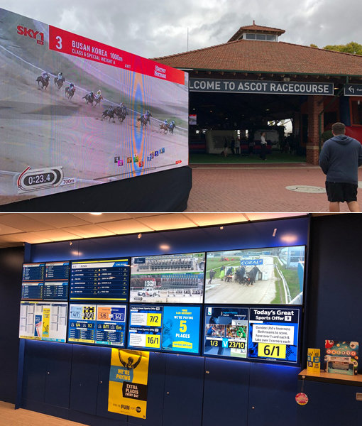 한국마사회는 국내 경주를 ‘온택트’로 전하는 경주 수출 사업이 해외 경마 시행체들의 많은 관심과 주목을 끌고 있다고 밝혔다. 호주
 애스콧 경마장에서 중계 중인 한국 경마(위쪽)와 한국 경마가 중계되고 있는 영국 베팅샵. 사진제공｜한국마사회
