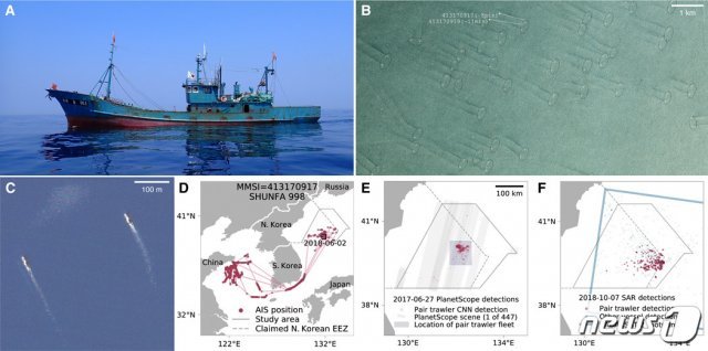 불법 어로활동을 감시하는 국제 비영리단체 ‘글로벌 어업감시’(GFW)가 22일(현지시간) 발간된 국제학술지 ‘사이언스 어드밴시스’ 최신호를 통해 중국 어선들의 동해 북한 수역 내 대규모 불법 조업활동 정황을 확인했다고 밝혔다. (사이언스 어드밴시스 캡처)