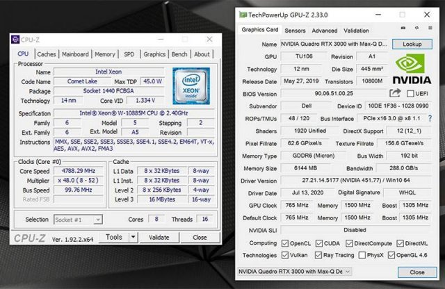 인텔 제온 W-10885M 프로세서와 엔비디아 쿼드로 RTX 3000 맥스큐가 탑재됐다. 출처=IT동아