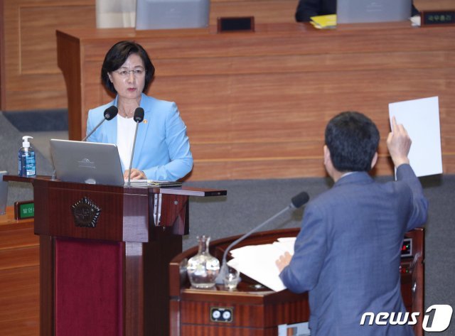 지난 24일 곽상도 미래통합당 의원이 추미애 법무부 장관을 상대로 질의하고 있다.  © News1