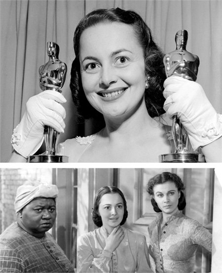 1947년에 이어 1950년 오스카상을 받은 올리비아 드하빌랜드가 트로피 2개를 들어 보이며 웃고 있다(위 사진). 영화 ‘바람과 함께 사라지다’에서 올리비아 드 하빌랜드(아래 사진 가운데)와 비비언 리(아래 사진 오른쪽)가 함께한 장면. AP 뉴시스·사진출처 위키피디아