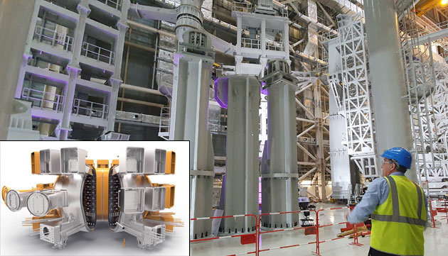 핵융합실험로 조립 현장과 완성 예상 모습 핵융합 에너지의 상용화 가능성을 실증하기 위한 실험로인 국제핵융합실험로(ITER)의 
장치조립이 28일 프랑스 카다라슈 현장에서 시작된 가운데 베르나르 비고 ITER 사무총장이 시설에 대해 설명하고 있다. ITER 
건물 건설과 장치 조립은 2025년까지 완성되며 이후 2040년까지 핵융합 관련 실험을 하게 된다. 작은 사진은 핵융합 반응이 
일어나는 그릇 역할을 하는 핵심 장치 ‘토카막’(자기 밀폐형 핵융합 장치) 예시도. 카다라슈=김윤종 특파원 
zozo＠donga.com·ITER 제공