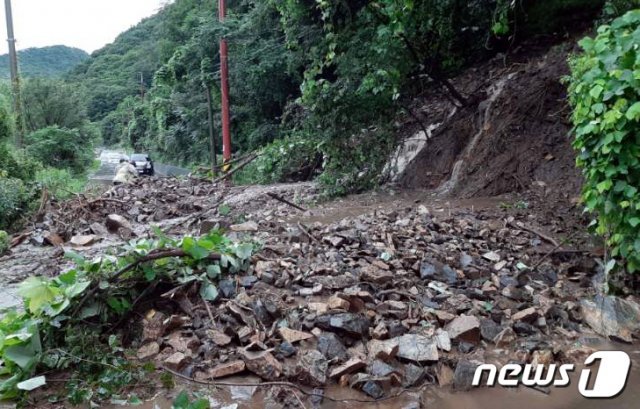 지난달 30일 오전충북 제천시 송악면 월악리 한 도로에 유출된 낙석. (충북소방본부 제공) 2020.7.30/뉴스1 © News1