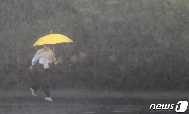 서울 전역에 호우경보가 발효된 2일 서울 종로구 세종대로 인근에서 우산을 쓴 시민이 발걸음을 재촉하고 있다. 2020.8.2 © News1