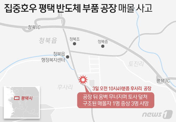 3일 오전 10시49분쯤 경기 평택시 청북읍 소재 반도체부품 생산 공장에서 집중호우에 의한 옹벽 붕괴로 매몰 사고가 발생해 3명이 숨지고 1명이 중상을 입었다. © News1