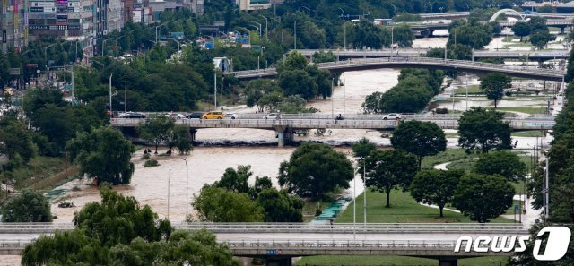탄천 서울시 대곡교 지점에 홍수주의보가 발령된 6일 오전 경기도 성남시 분당구 정자역 인근 탄천 수위가 높아져 있다. 2020.8.6 © News1