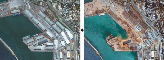 폭발로 형체 사라진 베이루트항 올해 6월 9일 레바논 수도 베이루트항의 모습(왼쪽 사진)과 대형 폭발 사고 다음 날인 이달 5일 같은 지역을 찍은 위성사진. 주요 건물이 형체도 없이 사라져 완전히 폐허로 변했음을 확인할 수 있다. 베이루트=AP 뉴시스