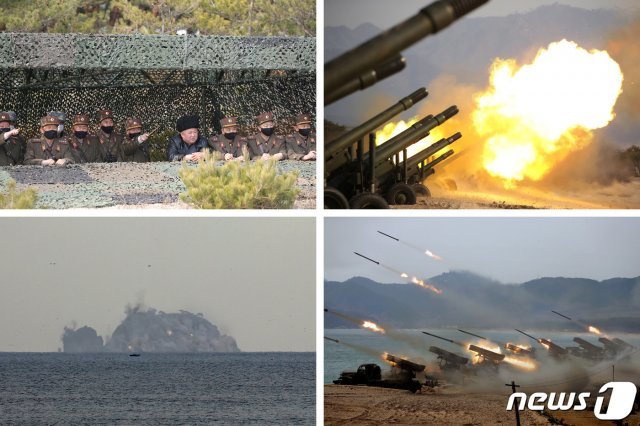 김정은 북한 국무위원장이 조선인민군 제7군단과 제9군단 관하 포병부대들의 포사격 대항경기를 지도하는 모습. (평양 노동신문=뉴스1)