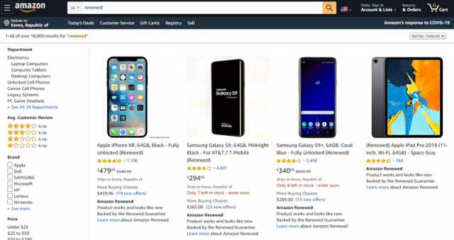 리퍼비시와 비슷하게 쓰이는 renewed를 아마존에서 검색한 결과. 다양한 전자제품들이 리퍼비시 상태로 판매되고 있다. 출처=IT동아