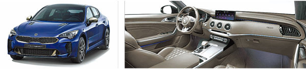 기아자동차가 이달 말 출시 예정인 ‘스팅어 마이스터’의 외관(왼쪽 사진)과 내장 모습. 기아자동차 제공