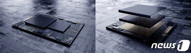기존 시스템반도체 평면 설계(왼쪽)와 삼성전자의 3차원 적층 기술 ‘X-Cube’를 적용한 시스템반도체 설계(오른쪽). 삼성전자 제공